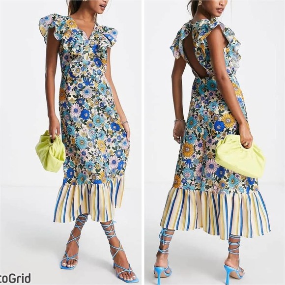 NEW - TOPSHOP Mix and Match Stripe and Floral Retro Midi Dress in Multi - Size 2 - Picture 3 of 16